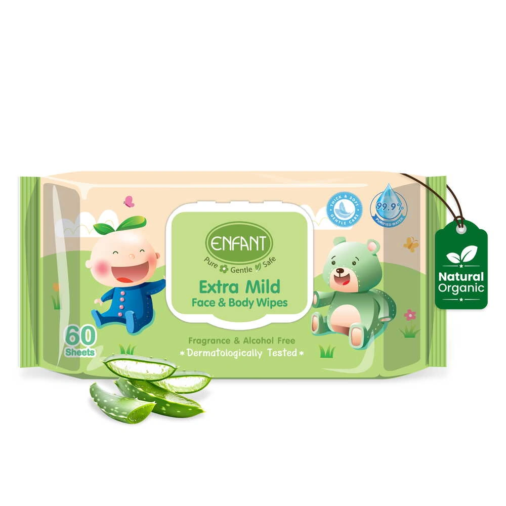 ENFANT Organic Plus Extra Mild Baby Wipes – 99% Pure Water & Plant-Based Face & Body Wipes (Fragrance-Free)