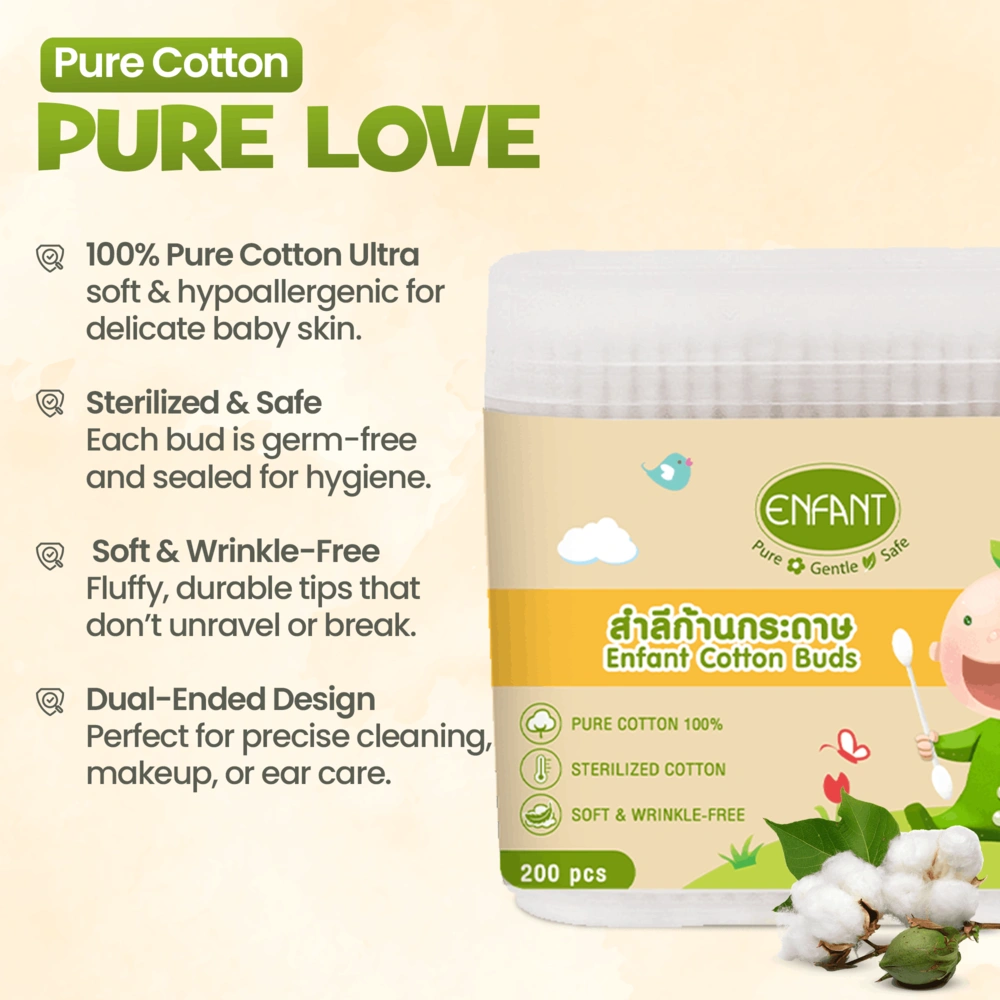 ENFANT Organic Cotton Buds - Dual-Tip Round & Spiral Safety Swabs (100% Pure Cotton)