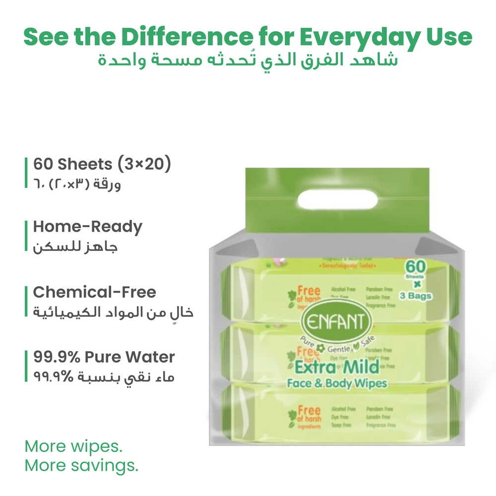 ENFANT Organic Plus Extra Mild Baby Wipes – 99% Pure Water & Plant-Based Face & Body Wipes (Fragrance-Free)