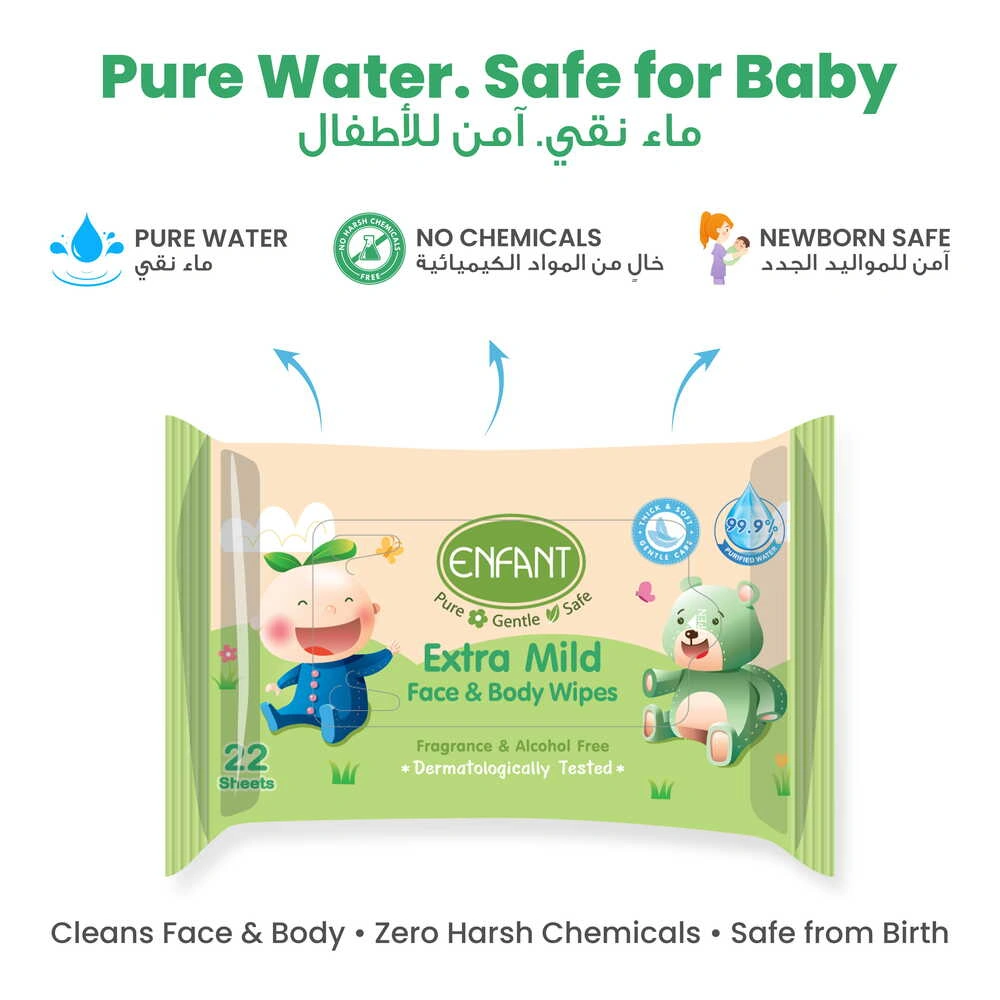 ENFANT Organic Plus Extra Mild Baby Wipes – 99% Pure Water & Plant-Based Face & Body Wipes (Fragrance-Free)
