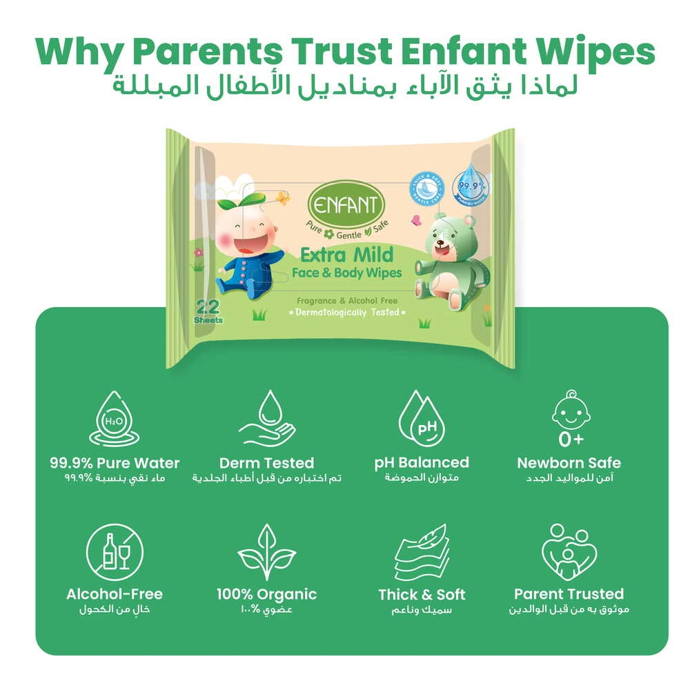ENFANT Organic Plus Extra Mild Baby Wipes – 99% Pure Water & Plant-Based Face & Body Wipes (Fragrance-Free)